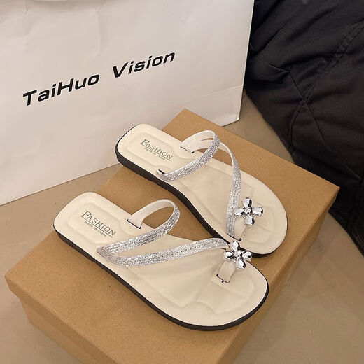 Guadi French slippers for women wearing summer toe sandals with skirts, super beautiful 2025 new fashionable and versatile beach sandals Rhinestone-6626-Black 36-37 [only one size smaller]