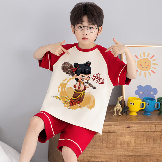 浪莎（LangSha）儿童哪吒睡衣男小中大童夏季短袖薄款纯棉家居服男孩学生卡通套装 LT694 120 建议110-120CM/45斤左右