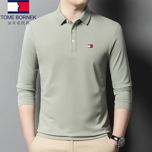 TOME BORNEK Tommy flagship model 2025 spring and autumn men's long-sleeved lapel T-shirt solid color middle-aged casual short-sleeved polo shirt sapphire blue long-sleeved 23239 4XL 195/58 recommended 185-200Jin Jin equals 0.5 kg