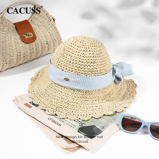 CACUSS防晒帽女遮阳帽帽子太阳帽草帽可折叠渔夫帽大帽檐蝴蝶结春夏米色