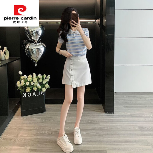 皮尔卡丹（pierre cardin）夏季2025新款韩系条纹短袖上衣显瘦百搭牛仔短裙套装裙两件套夏季 套装 条纹上衣7419A+半身裙7170B S