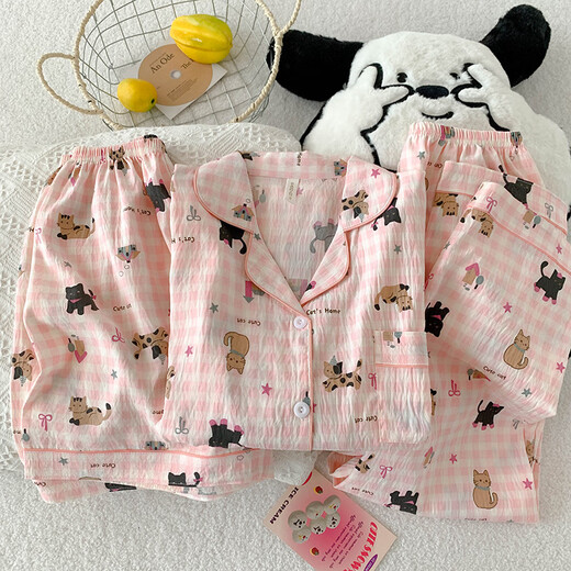 京濮飞甜美猫咪短袖睡衣三件套棉纱布家居服春夏秋 云朵棉-J9901#乐园小狗三件套 M 【建议75-100斤】