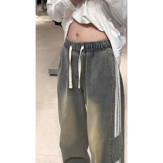 Black box white striped jeans men's spring and summer straight loose wide-leg versatile couple trendy American retro floor-length trousers WKXS-K1047 black XL