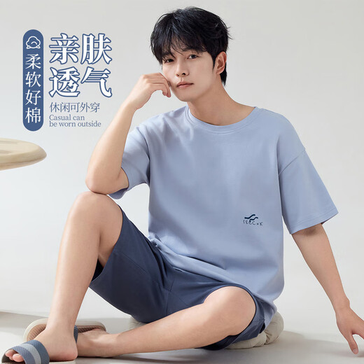 Langsha Herren Pyjamas Herren Sommer dünner Baumwollstil bequem und kann außerhalb von Heimkleidung losen Anzug getragen werden 2025 Neues Blau