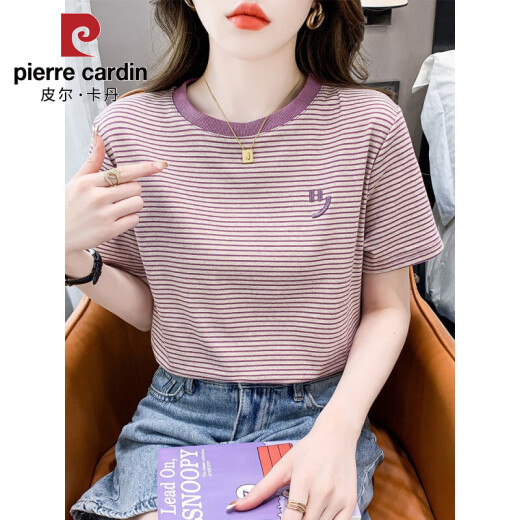 皮尔卡丹（PIERRE CARDIN）条纹短袖t恤女宽松韩版女装2025年夏季新款百搭体恤圆领半袖上衣 红色 9928 L 建议105-125斤