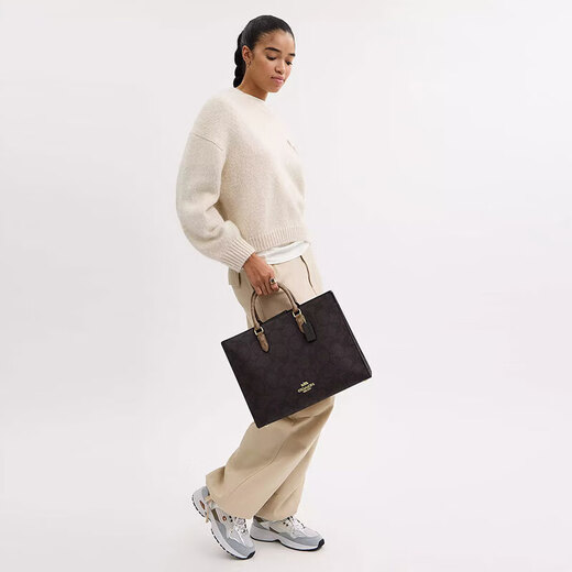蔻驰（COACH）托特包【25年新款】Maggie 36 印花涂层帆布拼皮革手提单肩包女款 棕褐色CY677-IMXI8 长36.5cm 宽14cm 高28cm
