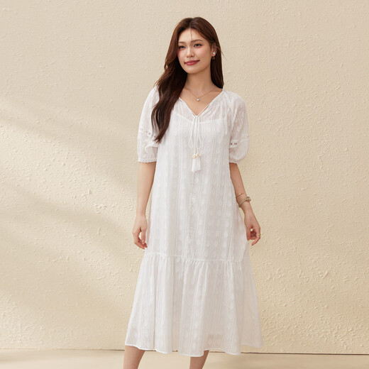 
Fiber Show [Literary and Artistic V-neck Dress for Age Reducing Jacquard V-neck Dress] Large Size Women's Fat mm2025 Summer New Style 1656 Bei White 2XL
