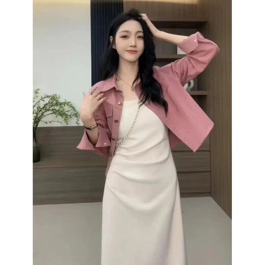 Otoño Moonlight Yiren Primavera Nuevo 2025 Primavera Nueva chaqueta de camisa cepillada de estilo coreano para mujer Falda con tirantes plisada Conjunto de dos piezas de moda Chaqueta marrón + falda larga de color albaricoque-9852# Conjunto M 98-108Jin Jin es igual a 0,5 kg