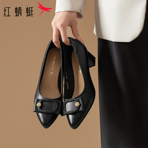 Red Dragonfly High Heels 2025 Spring New Cowhide Women's Small Leather Shoes Commuting Light Mouth Heel Women's Singles Shoes WLB15124 Black 36