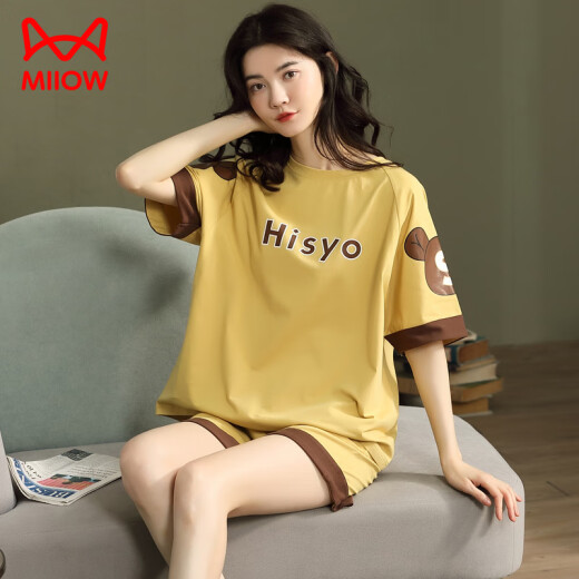 Catman (MiiOW) pajamas for women, summer pure cotton, cute Korean style student short-sleeved thin loose two-piece set Spring and autumn home clothes can be worn outside. Gold GXT6630 color M (recommended 75-95Jin [Jin equals 0.5 kg])