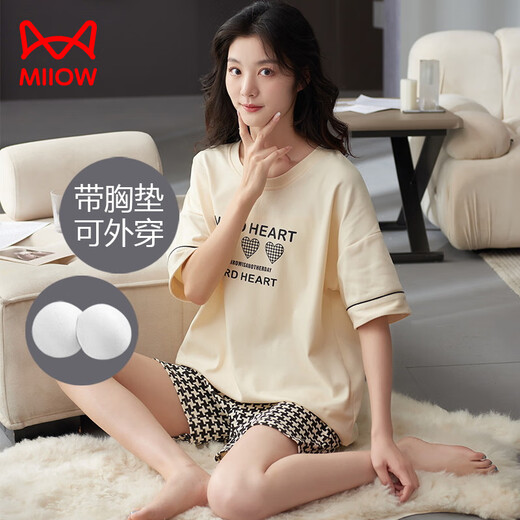 猫人（MiiOW）睡衣女夏季带胸垫甜美可爱短裤可外穿短袖2025新款纯棉套装家居服 Z6210 M