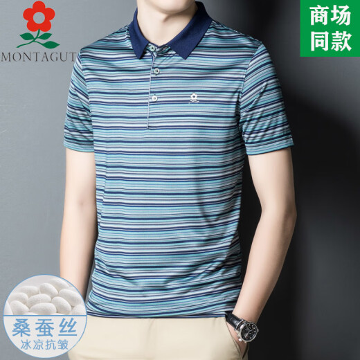 梦特娇男装桑蚕丝条纹短袖t恤夏中年休闲真丝凉感翻领polo衫 a829-红色 M  165适合100-115斤