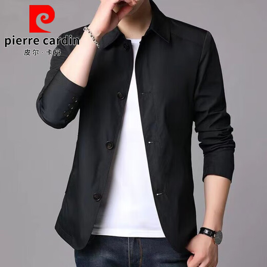 皮尔卡丹（pierre cardin）高端春秋季风衣男士商务夹克中青年纯色翻领薄款韩版修身外套 黑色  NJ1048 M 【建议98-110斤】