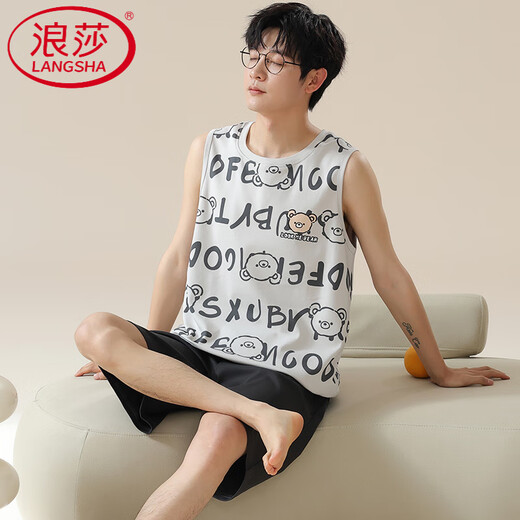 浪莎（LangSha）浪漫春天睡衣男款夏季冰丝背心莫代尔薄款无袖男士大码家居服套装 A12027 2XL 男：