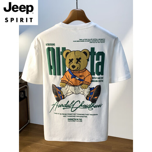 JEEP SPIRIT2025年夏季新款短袖T恤男士百搭熊印花打底衫潮牌半袖体恤新款 白色 JSW9922 M 建议90-108 斤