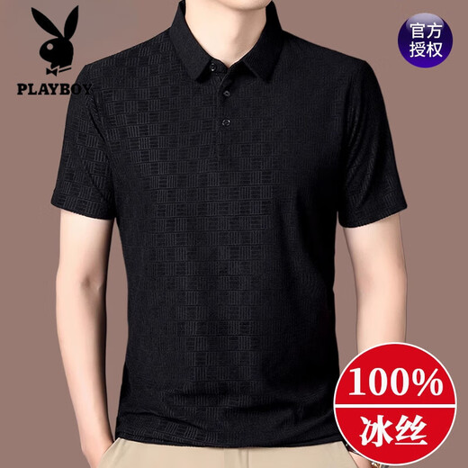 Playboy 2025 Neues Maulbeer-Seide mittleren Alters im mittleren Alter, kurzarmed T-Shirt Revers Polo. Hemd Cool und atmungsaktives Daddy-Anzug T-Shirt 9901 Black XL 175 Vorschläge 135-150jin [Jin gleich 0,5 kg]