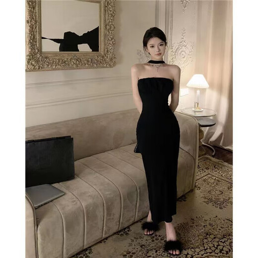 
Plain brocade halter neck sling dress for women pure desire style design dress long skirt spring and summer waist-hugging slim princess skirt halter neck bow slim slit skirt [S]
