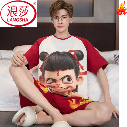 LangSha: Nezha: The Devil Child's Sea Summer Pure Cotton Pajamas Men's Short Sleeve Shorts Cute Cartoons You Can Go Out Thin Home Suit 7029 M L Recommended Height 165-170c, Weight 100