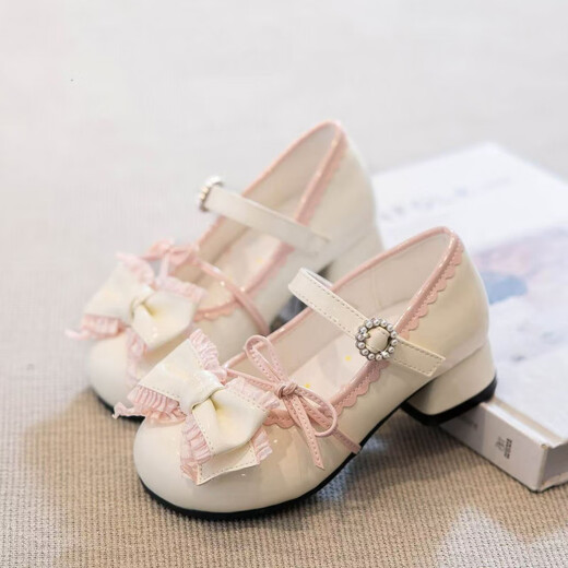 Qisiman Girls' Shoes Children's Princess Small Leather Shoes 2025 Spring and Autumn New Retro Single Shoes Little Girls Lolita High Heels Lolita - Off-White Upgraded Version 3.0 Open and Replace 28 - Shoe Inner Length/17.7cm