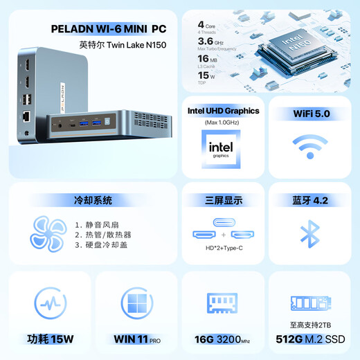 Panlei National Subsidy 20% WI-6 mini host Intel Twin Lake N150 mini host 16G 512G business office portable desktop computer host