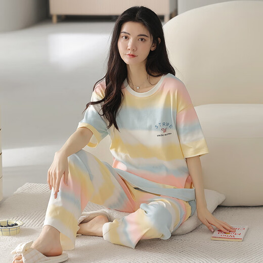 夏季女士短袖睡衣套装纯棉长裤家居服全棉可外穿夏天条纹卡通 Y9720 M (建议75-95斤)