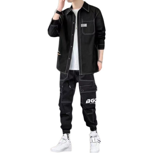 2025 new workwear casual suit men Korean style trend three-piece set spring and autumn men's clothing one set with handsome clothes [2 pieces] 682 shirt black + A006 workwear pants L