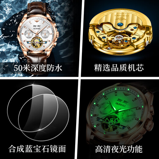 欧品客十大品牌瑞士认证手表男全自动机械表男士手表夜光防水商务男士表 皮带玫白【终身质保】免费刻字 终身质保