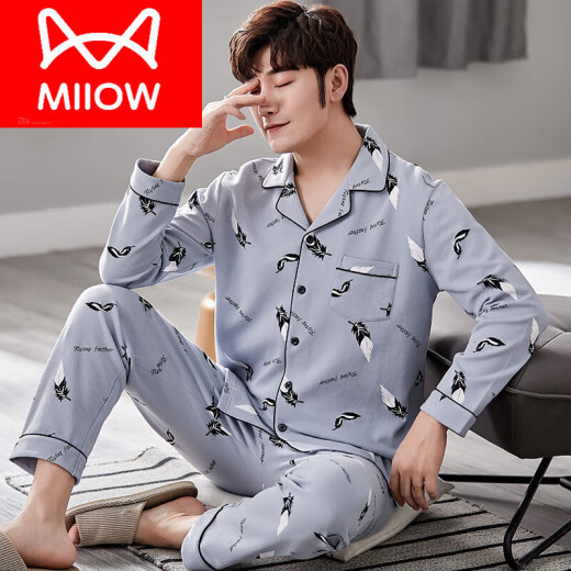 猫人（MiiOW）男士睡衣春秋季长袖纯棉青年加大码可外穿中年爸爸秋款家居服套装 Y6621 L 105 130斤