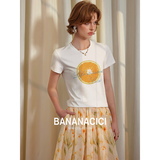 Banana CICI 2025 Summer NUEVO VERSÁTIL CREATIVO AMIGA Iron Diamond Cuella redonda Camiseta de manga corta C252TX689 Naranja M