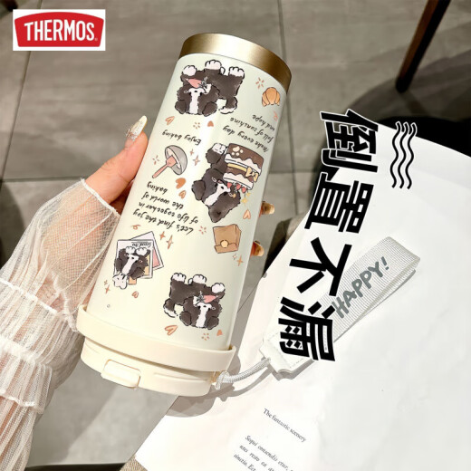 膳魔师（THERMOS）开心小狗保温杯不锈钢学生专用咖啡杯手拎便携新款男女水杯高颜值 DX1047蝴蝶结墨猫+配挂绳 陶瓷内胆