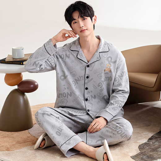 Modal Pure Cotton Pyjamas Herren Frühlings- und Herbst-Langarm-Herbst- und Jugend-Plus-Size-Herbst- und Winter-Strickjacke Casual Home Clothing Set Y6629 L (105-130jin [Jin gleich 0,5 kg]) gleich groß
