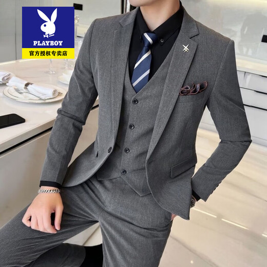 花花公子西服套装男三件套韩版修身商务正装休闲小西装新郎伴郎结婚礼服 719/黑色【两件套西服+裤子】 XL 建议120-135斤