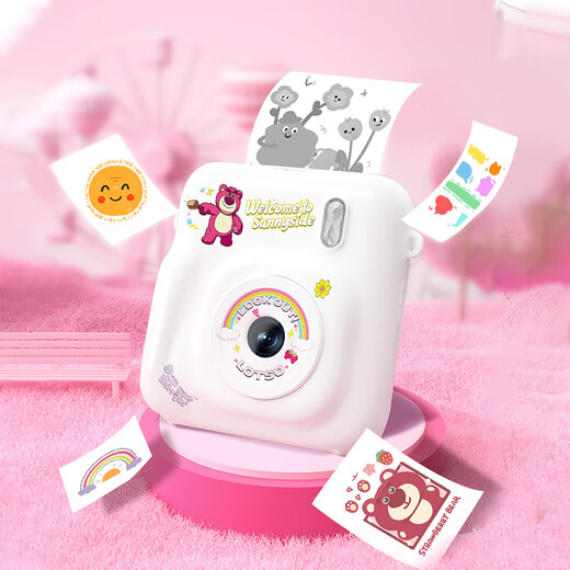 SONGDIAN Polaroid camera, Strawberry Bear, inkless printer, front and rear dual cameras, 48 million pixels, white, official standard, 4 rolls of printing paper included