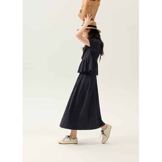 Zihan (ZIHAN) Zihan Japanese simple round neck short-sleeved top high-waisted a-line skirt two-piece suit for women 2025 summer new style Navy L