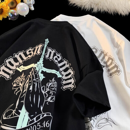 Футболка с короткими рукавами Poum Men's Summer's Summer Pure Cotton 220G Cross High Street Mrendy Brand Balleaded Pussy и свободная футболка с половиной рукава YSXS-CM1484 Black XL