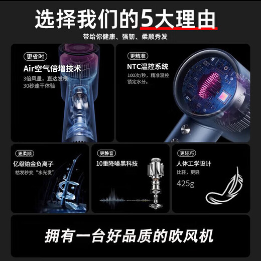 JCZS German brand hair dryer household mute negative ion high power does not hurt hair high-speed quick drying leafless hair dryer hair care dormitory portable business trip baby pet lady top version berry rose red five-spout 1.8 meters of noodles + gift box