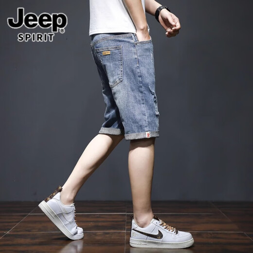 
JEEP SPIRIT Jeep Denim Shorts Men's Summer Thin Loose Trendy Brand Five-point Medium Pants Korean Style Trendy ripped elastic 5-point short 689 Blue ripped model 33 [(2 feet 6) Weight 145-155Jin [Jin equals 0.5 kg]]