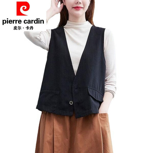 Pierre Cardin Retro Retro Literario V-Eck Color sólido Botón de algodón Cardigan Chaqueta Cardigan Short String Women Spring and Summer Nuevo estilo Outerwear 1387 Negro M
