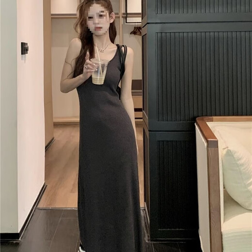 RONGXITU Summer French Knitted Suspender Gray Sleeveless Charm Dress HMJ695-Gray One Size