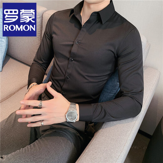ROMON high-end long-sleeved suit shirt for men stretchy inner Korean style slim middle-aged and young business solid color base shirt for men dark gray XL
