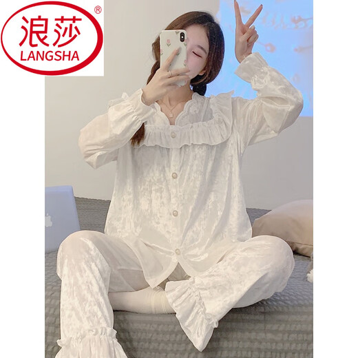 Langsha Princess Pajamas manga larga para mujeres 2024 primavera, otoño e invierno Nuevo terciopelo dorado de la franela engrosada de la ropa del hogar 9926ba V. Collar encaje blanco. METRO