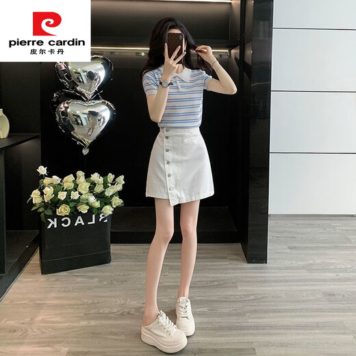 皮尔卡丹（pierre cardin）夏季2025新款韩系条纹短袖上衣显瘦百搭牛仔短裙套装裙两件套夏季 套装 条纹上衣7419A+半身裙7170B S