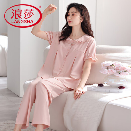 LangSha pajamas (LangSha) women's pure cotton sweet age-reducing with chest pads and feels temperament loose short-sleeved trousers princess style home clothes 694 shrimp powder (with chest pads) M [Suggested 90-110Jin [Jin equals 0.5 kg]]