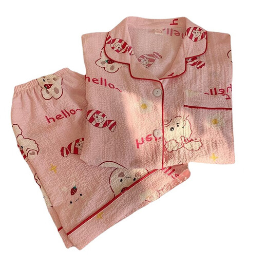 
HUALIN FASHION summer pink flower puff sleeve short sleeve cute thin home clothing set zd-673# apricot love heart 175 L