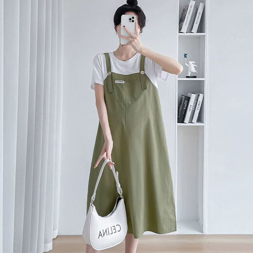 Tategao Mutterschaftskleid Sommerkleid 2024 Neues modisches loses mittelgroßer Riemenrock gefälschter zweiteiliger Mutterschaftskleid Dunkelgrüner XL (Empfohlen 115-130)