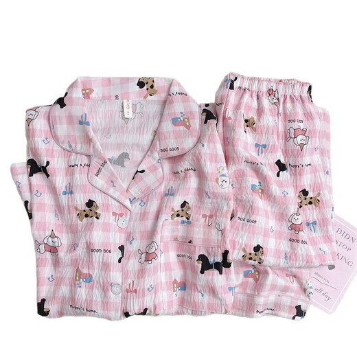 
S.SOFEA women's spring and autumn cute cartoon plaid cloud cotton pajamas home clothes set can be worn outside 826# pink plaid dog 170 M