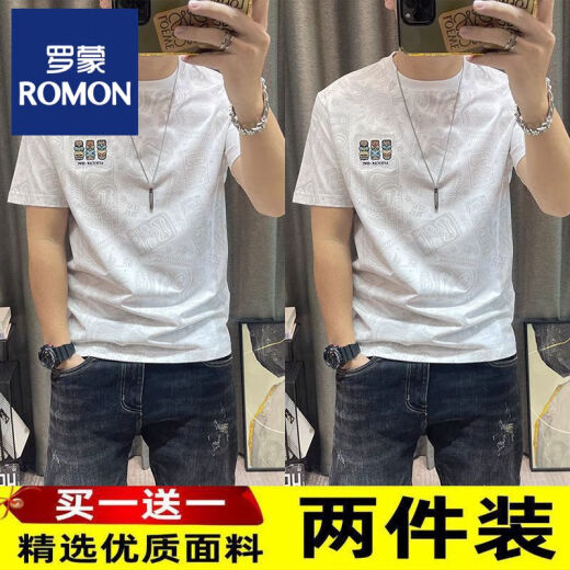 罗蒙2025新款短袖t恤男士夏季圆领休闲印花T恤青年半袖上衣大码男装 829T恤灰色+黑色【2件装】 XL 【建议120-130斤