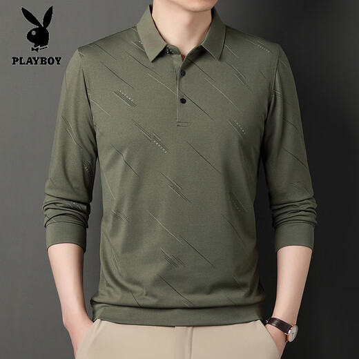 花花公子（PLAYBOY）中老年男装长袖Polo衫秋季新款斜纹印花翻领体恤衫商务休闲T恤男 829-藏青 2XL
