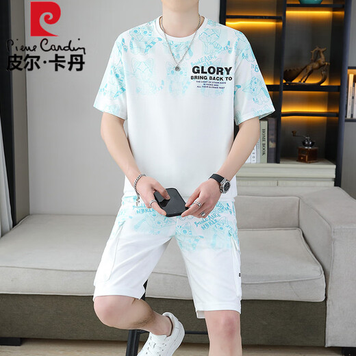 皮尔卡丹（pierre cardin）2025夏季新款短袖套装男青年百搭短裤休闲运动两件套渐变色男装 6187蓝色 XL 【适合120-140斤】