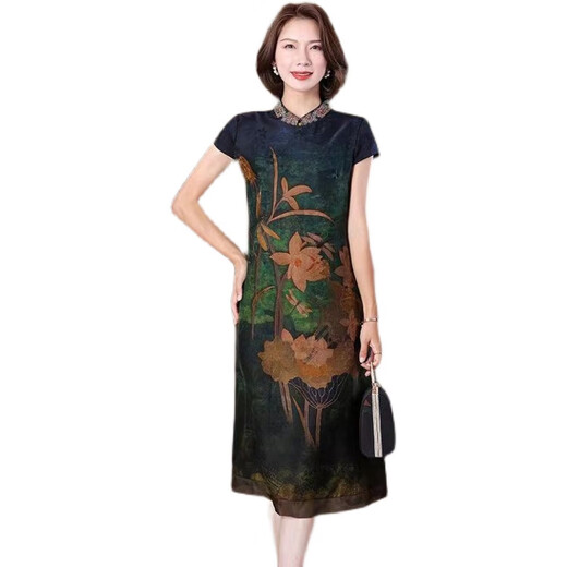 
Pinji silk cheongsam old Shanghai summer modified dress for women short-sleeved over-knee long skirt with large size fat mm slim color 9761 2XL 126 to 135 Jin [Jin equals 0.5 kg]
